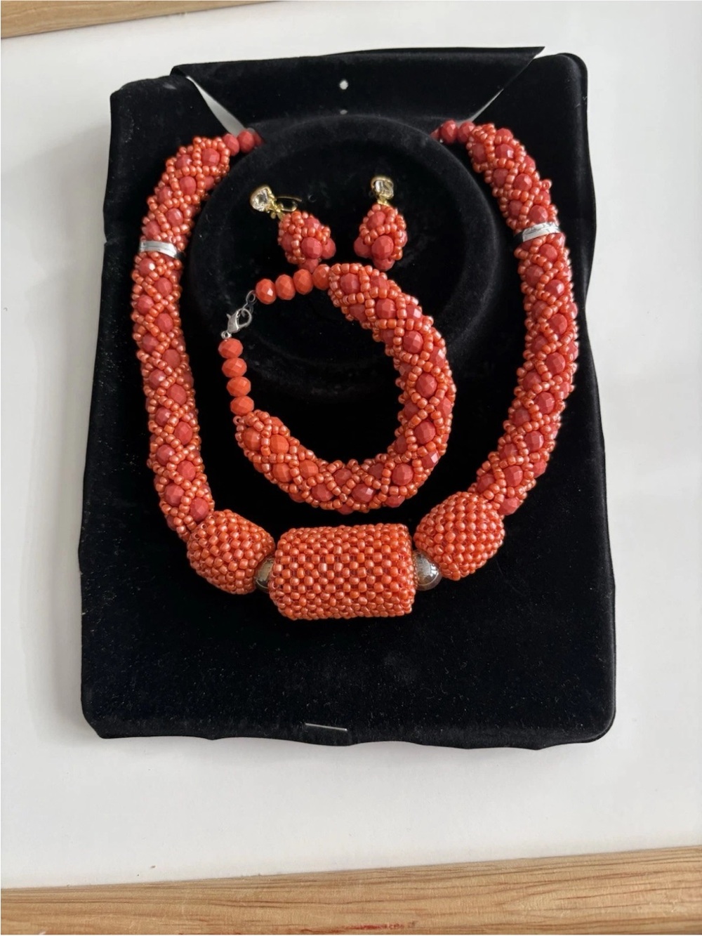 Handcrafted Coral Bead Jewelry Set - Necklace, Bracelet & Earrings